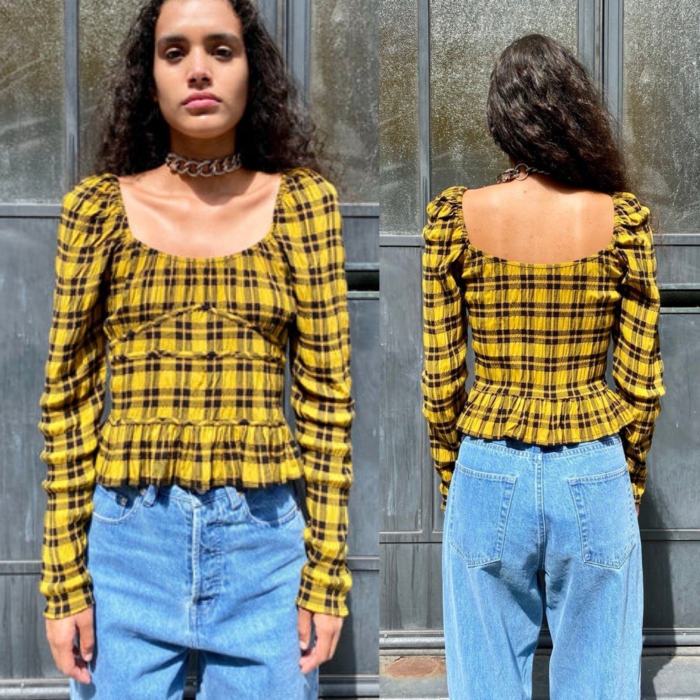 NWT WRAY Salma Top Gold Yellow Plaid Plad Size XXS Peplum Blouse Long Sleeve